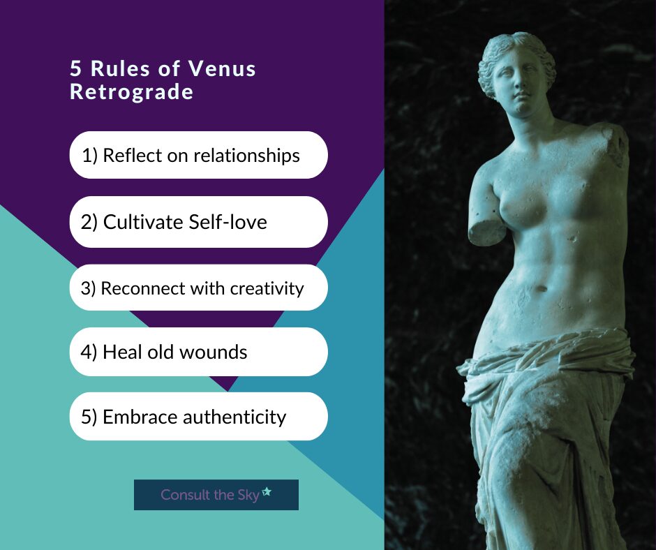 on the left and image of the Venus De milo on the left are 5 rules for Venus retrograde