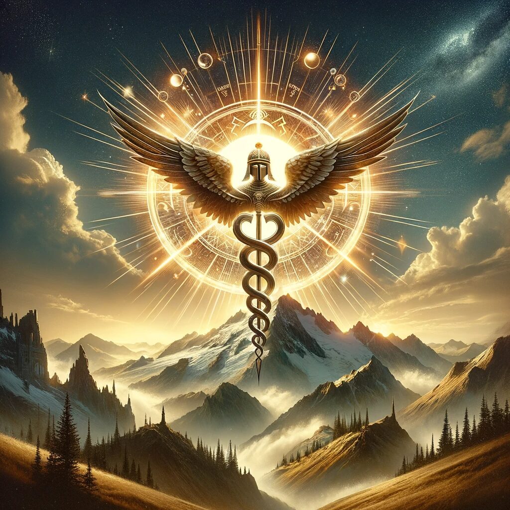 a shining cold caduceus, with the Sun shining bright behind it, blue sky above and billowy white clouds in the distance, all hanging over a mountain valley